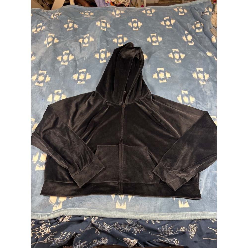 Victorias Secret On Point Black Velour Full Zip Cropped Hoodie XL Relaxed Fit